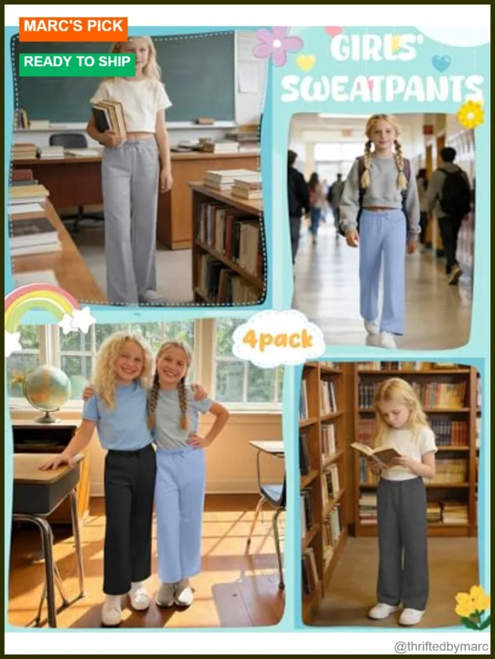 Girls 4 Pack Baggy Wide Leg Sweatpants with Pockets, 95% Polyester 5% Rayon